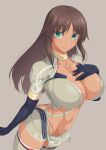  1girl alice_gear_aegis bangs black_gloves breasts brown_hair cleavage closed_mouth collarbone commentary_request cowboy_shot dark-skinned_female dark_skin elbow_gloves eyebrows_behind_hair gloves green_eyes grey_background grey_legwear grey_shirt grey_skirt groin hand_on_own_chest highres kaneshiya_sitara large_breasts long_hair looking_at_viewer navel ozaneko partial_commentary shirt sidelocks simple_background skindentation skirt smile solo standing stomach thighhighs 