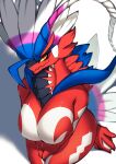  2022 absurd_res anthro big_breasts breasts cheap_melonsoda dragon feathers female hi_res koraidon legendary_pok&eacute;mon nintendo nude pok&eacute;mon pok&eacute;mon_(species) red_body simple_background smile solo tire video_games white_background 