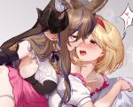  2girls aki663 animal_ears bangs black_horns blonde_hair blue_hair blush breasts brown_eyes brown_hair closed_eyes collarbone commentary_request djeeta_(granblue_fantasy) earrings extra_ears galleon_(granblue_fantasy) granblue_fantasy grey_background hairband heart horns jewelry large_breasts long_hair looking_at_another multicolored_hair multiple_girls open_mouth pointy_ears red_hairband short_hair simple_background streaked_hair yuri 