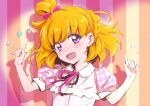  1girl :d asahina_mirai blonde_hair bow commentary_request eyebrows_visible_through_hair hair_bow index_finger_raised looking_at_viewer mahou_girls_precure! nakahira_guy pink_bow pink_ribbon precure purple_eyes ribbon short_hair short_sleeves smile solo striped upper_body vertical_stripes 