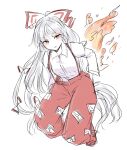  1girl bow collared_shirt dress_shirt eyebrows_visible_through_hair fire fujiwara_no_mokou hair_bow hands_in_pockets long_hair looking_at_viewer miyo_(ranthath) ofuda ofuda_on_clothes pants phoenix_wings red_pants shirt simple_background solo suspenders touhou very_long_hair white_background white_hair white_shirt 