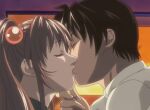  1boy 1girl anime_screencap bedroom bible_black brown_hair closed_eyes hair_ornament imari_kurumi kiss minase_taki non-web_source sunlight 