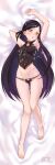 1girl a-plug absurdres armpits bangs bare_arms bare_legs barefoot bed_sheet black_hair black_panties breasts cum cum_on_clothes cum_on_hair cum_on_legs cum_on_stomach dakimakura_(medium) facial from_above full_body hair_ornament highres indie_virtual_youtuber lingerie long_hair looking_at_viewer lying midriff on_back open_mouth panties parted_bangs small_breasts solo stomach underwear very_long_hair virtual_youtuber yellow_eyes 