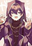  1boy :d animal_ears animal_hood background_text bangs black_hair black_sweater brown_background chain claw_pose commentary_request earrings eyebrows_visible_through_hair fake_animal_ears gold_chain hair_between_eyes hands_up highres hood hood_up hooded_jacket indie_virtual_youtuber jacket jewelry lightning_bolt_symbol long_sleeves looking_at_viewer male_focus purple_eyes purple_jacket ribbed_sweater shoto_(vtuber) signature smile sofra solo stud_earrings sweater turtleneck turtleneck_sweater twitter_username upper_body virtual_youtuber 