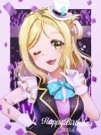  1girl absurdres bangs birthday blonde_hair blush braid breasts commentary confetti crown_braid dated english_text eyebrows_visible_through_hair gloves glowstick hair_rings hand_on_hip happy_birthday hat highres kyaku_tatsu large_breasts looking_at_viewer love_live! love_live!_sunshine!! medium_hair ohara_mari one_eye_closed pointing pointing_up purple_background shiny shiny_hair sidelocks signature upper_body white_gloves yellow_eyes 