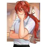  1boy bangs black_pants blush curtains diluc_(genshin_impact) genshin_impact long_hair pants ponytail red_eyes red_hair shirt twitter_username very_long_hair white_shirt window xindi 