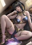  1girl arm_support artist_name bangs black_hair blurry blurry_background bracelet breasts cleavage collar commentary day fire_emblem fire_emblem_awakening gold_trim grey_eyes hand_up high_heels indoors jewelry light light_particles lips long_hair looking_at_viewer medium_breasts navel pelvic_curtain sade_abyss shiny shiny_hair short_twintails signature simple_background sitting stomach tharja_(fire_emblem) thighs tiara twintails window 