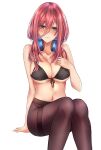  1girl arm_behind_back bangs bikini bikini_top_only black_bikini black_legwear black_ribbon blue_eyes blush breasts cleavage closed_mouth collarbone eyebrows_visible_through_hair front-tie_bikini front-tie_top frown go-toubun_no_hanayome hair_between_eyes headphones headphones_around_neck highres invisible_chair large_breasts long_hair looking_at_viewer nakano_miku navel pantyhose poisonousgas red_hair ribbon shiny shiny_hair simple_background sitting solo straight_hair swimsuit thighband_pantyhose underboob white_background 