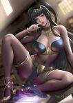  1girl arm_support artist_name bangs black_hair blurry blurry_background bodystocking bodysuit bracelet breasts cleavage collar commentary day fire_emblem fire_emblem_awakening gold_trim grey_eyes hand_up high_heels indoors jewelry light light_particles lips loincloth long_hair looking_at_viewer medium_breasts navel pelvic_curtain sade_abyss shiny shiny_hair short_twintails signature simple_background sitting skin_tight stomach tharja_(fire_emblem) thighs tiara twintails window 