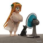  2020 3d_(artwork) accessory artist_name big_breasts black_body black_fur blender_(software) blue_eyes breasts cleavage clothed clothing curvy_figure detailed_background digital_media_(artwork) domestic_cat electric_fan elf eyelashes feet felicia_(tahlian) felid feline felis female fingers freckles freckles_on_breasts fur grey_body grey_fur hair hair_accessory hair_bow hair_ribbon hi_res hourglass_figure humanoid humanoid_pointy_ears light-skinned_female light_body light_skin long_hair mammal multicolored_body multicolored_fur orange_hair panties ribbons short_stack small_waist solo tahlian thick_thighs toes translucent translucent_clothing two_tone_body two_tone_fur underwear voluptuous watermark whiskers wide_hips 