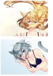  2girls animal_ears bangs bare_arms blonde_hair blue_bra blue_eyes bra breasts cat_ears cat_girl cat_tail cleavage collarbone eyebrows_visible_through_hair final_fantasy final_fantasy_xiv floating_hair grey_hair hair_between_eyes hair_over_mouth half-closed_eyes highres lingerie long_hair looking_at_viewer medium_breasts miqo&#039;te multiple_girls nanase_kokono portrait shiny shiny_hair short_hair tail underwear upper_body very_long_hair 