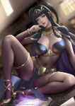  1girl arm_support artist_name bangs black_hair blurry blurry_background bodystocking bodysuit bracelet breasts cape cleavage collar commentary day fire_emblem fire_emblem_awakening gold_trim grey_eyes hand_up high_heels indoors jewelry light light_particles lips loincloth long_hair looking_at_viewer medium_breasts navel pelvic_curtain sade_abyss shiny shiny_hair short_twintails signature simple_background sitting skin_tight stomach tharja_(fire_emblem) thighs tiara twintails window 
