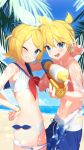  absurdres arm_around_shoulder beach bikini blonde_hair blue_eyes bracelet brother_and_sister highres jewelry kagamine_len kagamine_rin lens_flare looking_at_viewer male_swimwear mono_(mono_zzz) navel one_eye_closed open_mouth outdoors siblings smile summer swim_trunks swimsuit topless_male twins v vocaloid water water_gun white_bikini 
