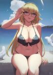  1girl bangs beach bikini bird black_bikini black_hairband blonde_hair blue_eyes blue_sky breasts cleavage cloud eyebrows_visible_through_hair fate/grand_order fate_(series) glasses hairband hand_on_eyewear hand_up highres jeanne_d&#039;arc_(fate) jeanne_d&#039;arc_(swimsuit_archer)_(fate) jeanne_d&#039;arc_(swimsuit_archer)_(first_ascension)_(fate) kakeku large_breasts long_hair looking_at_viewer navel ocean open_mouth outdoors sitting skindentation sky smile solo stomach swimsuit teeth thighs upper_teeth 