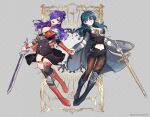  2girls absurdres arm_guards armor blue_hair breasts byleth_(fire_emblem) byleth_(fire_emblem)_(female) cleavage fire_emblem fire_emblem:_three_houses fire_emblem_warriors:_three_hopes gloves hair_bun hair_over_one_eye highres holding_hands legwear_under_shorts multiple_girls purple_hair shez_(fire_emblem) shez_(fire_emblem)_(female) shorts shoulder_armor silvercandy_gum single_glove single_hair_bun smile sword sword_of_the_creator weapon 