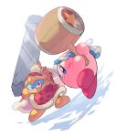  blue_eyes closed_mouth coat full_body hairband hammer holding holding_hammer king_dedede kirby kirby_(series) looking_at_viewer mutekyan no_humans pillar red_coat red_eyes red_headwear simple_background star_(symbol) white_background 