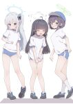  3girls ahoge ankle_socks bangs black_bow black_footwear black_hair blue_archive blue_buruma blue_eyes blush bow buruma closed_eyes closed_mouth covering covering_crotch eyebrows_visible_through_hair grey_hair gym_shirt gym_uniform hair_bow halo highres long_hair miyako_(blue_archive) miyu_(blue_archive) multiple_girls open_mouth puffy_short_sleeves puffy_sleeves purple_eyes saki_(blue_archive) shirt shirt_tug shiwa_(siwaa0419) shoes short_hair short_sleeves side_ponytail simple_background socks standing sweat very_long_hair white_background white_legwear white_shirt 