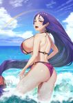  1girl absurdres ass back bangs bare_shoulders beach bikini blue_sky blush breasts fate/grand_order fate_(series) highres kylin_(leilla8775) large_breasts long_hair looking_at_viewer looking_back minamoto_no_raikou_(fate) open_mouth parted_bangs purple_bikini purple_eyes purple_hair sideboob sky smile solo swimsuit thighs very_long_hair wading 