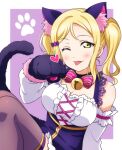  1girl absurdres animal_ears animal_hands bangs bell birthday blonde_hair blush breasts cat_ears cat_tail cleavage commentary detached_sleeves earrings eyebrows_visible_through_hair gloves hair_ribbon heart highres jewelry jingle_bell kougi_hiroshi large_breasts looking_at_viewer love_live! love_live!_sunshine!! medium_hair ohara_mari one_eye_closed paw_gloves paw_print purple_background ribbon sidelocks solo tail thighhighs tongue tongue_out twintails two-tone_background white_background yellow_eyes 