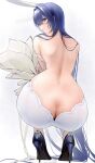  1girl :3 absurdres animal_ears ass azur_lane back backless_dress backless_outfit bare_back blue_eyes blue_hair blush breasts bridal_veil bride butt_crack cl_(summer_sama) dress fake_animal_ears high_heels highres large_breasts long_hair looking_at_viewer looking_back new_jersey_(azur_lane) new_jersey_(snow-white_ceremony)_(azur_lane) official_alternate_costume rabbit_ears shoes smile solo veil wedding_dress 
