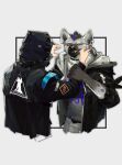  absurd_res anthro arknights black_body black_clothing black_coat black_fur black_hair black_jacket black_nose black_topwear blue_hair cheek_pinch clothed clothing coat collar doctor_(arknights) duo ear_piercing eyebrow_piercing faceless_character faceless_male facial_piercing fur grey_body grey_fur hair half-closed_eyes hand_on_face hi_res human hyaenid hypergryph jacket male male/male mammal multicolored_body multicolored_fur multicolored_hair narrowed_eyes omochi_kuitai open_clothing open_jacket open_topwear piercing pinch simple_background spot_(arknights) spots spotted_body spotted_fur spotted_hyena studio_montagne topwear two_tone_body two_tone_fur two_tone_hair video_games 
