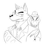  2022 anthro canid canine canis chest_tuft clothing coiling dreamworks dress_shirt duo fangs feral fur half-closed_eyes hat headgear headwear jacket looking_at_viewer male mammal mr._snake_(the_bad_guys) mr._wolf_(the_bad_guys) narrowed_eyes reagan700 reptile scales scalie shirt smile smirk snake the_bad_guys topwear tuft wolf 