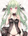  1girl :3 babydoll bare_arms bare_shoulders bed_sheet black_panties breasts closed_mouth dakimakura_(medium) demon_girl detached_collar garter_straps green_hair hand_up head_wings karory lingerie long_hair looking_at_viewer lying medium_breasts multi-strapped_panties navel on_back original panties red_eyes see-through smile solo stomach string_panties two_side_up underwear underwear_only upper_body 