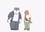  2022 anthro black_body black_nose blush bottomwear brown_body canid canine canis clothing domestic_dog duo eyewear glasses hi_res kemono male mammal overweight overweight_male pants pommn_mn shirt simple_background topwear white_body 