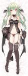  1girl :3 ass_visible_through_thighs babydoll bare_arms bare_shoulders bed_sheet black_panties breasts brown_legwear closed_mouth dakimakura_(medium) demon_girl demon_tail detached_collar full_body garter_straps green_hair hand_up head_wings highres karory lingerie long_hair looking_at_viewer lying medium_breasts multi-strapped_panties navel no_shoes on_back original panties red_eyes see-through smile solo stomach string_panties tail thighhighs thighs two_side_up underwear underwear_only 