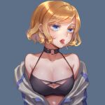  1girl america_(hetalia) axis_powers_hetalia bangs bare_shoulders black_bra blonde_hair blue_eyes bob_cut bra breasts choker cleavage collarbone ear_piercing earrings eyelashes genderswap genderswap_(mtf) hatake_hukuro jewelry large_breasts looking_away looking_to_the_side o-ring o-ring_choker off_shoulder open_clothes piercing short_hair simple_background solo stud_earrings swept_bangs underwear upper_body 