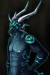  anthro black_sclera blue_body blue_eyes blue_scales dragon hi_res horn looking_at_viewer male scales shirtless shirtless_male solo spines 