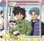  2boys ball black_eyes black_hair blue_eyes brush_stroke character_doll commentary_request day dragon_ball dragon_ball_super dragon_ball_super_super_hero gotenks highres jacket long_sleeves male_child male_focus multiple_boys open_mouth outdoors purple_hair purple_jacket short_hair smile son_goten spiked_hair stuffed_toy tommmmieee toy trunks_(dragon_ball) vending_machine window 