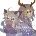  2girls alchemist_(ragnarok_online) animal_ears animal_hands bangs blonde_hair blue_eyes blue_sleeves blush braid breasts cat_ears cat_girl cleavage commentary_request detached_sleeves ebimaki_bot eleanor_(ragnarok_online) eyebrows_visible_through_hair fang green_eyes hair_between_eyes long_hair looking_at_viewer medium_breasts multiple_girls open_mouth pointy_ears ragnarok_online smile thick_eyebrows twin_braids upper_body white_background white_hair 