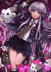  1girl absurdres artist_name bangs black_gloves black_skirt blood braid chair collared_shirt commentary_request danganronpa:_trigger_happy_havoc danganronpa_(series) foot_up gloves grey_hair grey_shirt hand_up highres inkfy jacket kirigiri_kyouko long_hair long_sleeves miniskirt monokuma open_clothes open_jacket pink_blood pleated_skirt purple_ribbon ribbon shiny shiny_hair shirt side_braid skirt smile 