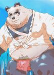  2022 anthro asian_clothing belly black_nose bodily_fluids clothing east_asian_clothing eyewear fundoshi fur giant_panda glasses hi_res japanese_clothing kemono male mammal navel overweight overweight_male red_clothing red_fundoshi red_underwear solo sweat tachiuo underwear ursid white_body white_fur 