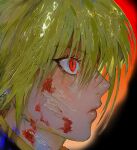  1boy angry aura bangs black_background blonde_hair blood blood_on_face close-up eyelashes face highres hunter_x_hunter korean_commentary kurapika lips looking_away male_focus nonjo_jaz profile red_eyes shiny shiny_hair short_hair solo 