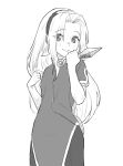  1girl carlo_montie dress greyscale haruno_sakura highres holding holding_weapon kunai light_smile long_hair monochrome naruto_(series) short_sleeves simple_background solo weapon white_background 