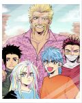  5boys animal_print bandage_on_face bandages bandaid bandaid_on_cheek bandaid_on_face bandaid_on_forehead beard black_eyes black_hair blonde_hair blue_eyes blue_hair blue_shirt border brown_eyes clip_studio_paint_(medium) coco_(toriko) facial_hair fang fang_out green_hair green_shirt hand_on_another&#039;s_head ichiryu_(toriko) leopard_print long_hair male_child male_focus maru_(ymmtstyle) multicolored_hair multiple_boys mustache open_mouth orange_shirt pink_hair pink_shirt red_hair red_shirt scar scar_on_cheek scar_on_ear scar_on_face shirt short_hair sky smile sunny_(toriko) toriko toriko_(series) upper_body white_border white_hair younger zebra_(toriko) 