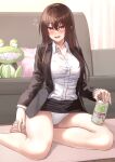  1girl :d barefoot blush breasts brown_eyes brown_hair can couch cushion ese_shinshi long_hair looking_at_viewer office_lady original panties pantyshot pencil_skirt sitting skirt smile solo stuffed_toy underwear white_panties yokozuwari 