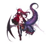  1girl ankle_boots boots briefcase commentary_request demon_girl demon_horns demon_wings diablo3123 dress fantasy frilled_dress frills full_body hairband highres horns licking_lips long_hair looking_at_viewer original red_dress red_eyes red_hair solo striped striped_legwear tentacles thighhighs tongue tongue_out white_background wings 