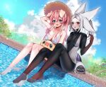  2girls cloud day dutch_angle dyarikku_(vtuber) full_body multiple_girls outdoors poolside sitting sky soaking_feet virtual_youtuber vyugen yuniiho yuniiho_(vtuber) 