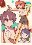  2girls absurdres backpack bag bow brown_eyes brown_hair brown_shorts cardcaptor_sakura child closed_eyes daidouji_tomoyo female_child green_eyes highres kero kinomoto_sakura li_xiaolang multiple_girls nzeneee orange_hair purple_hair red_bow shorts wings 