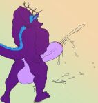  absurd_res anthro antlers anus balls big_balls big_penis blue_hair bodily_fluids cum dragon excessive_cum genital_fluids genitals gradient_background hair hi_res horn huge_balls huge_penis hyper hyper_balls hyper_genitalia hyper_penis male muscular muscular_male nos_(nostracon) nostracon penis pink_eyes purple_body purple_skin rear_view simple_background solo vein veiny_penis 