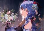  1girl absurdres ahoge bangs bare_shoulders bell black_gloves blue_hair bouquet bow bowtie breasts bug butterfly commentary detached_sleeves flower from_side ganyu_(genshin_impact) genshin_impact glaze_lily gloves hair_between_eyes hair_flower hair_ornament highres holding holding_bouquet horns long_hair looking_at_viewer looking_to_the_side low_ponytail mistedsky neck_bell parted_lips purple_eyes sidelocks signature sleeveless solo upper_body white_flower 