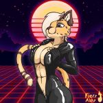  absurd_res anthro bodysuit breast_squish breasts cheetah cleavage clothed clothing felid feline female fieryashy fingerless_gloves glistening glistening_clothing gloves handwear hi_res inner_boob latex looking_at_viewer mammal outrun skinsuit solo squish sunset tight_clothing vaporwave zipper_down zipper_jumpsuit 