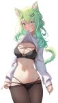 1girl absurdres animal_ears black_bra black_panties bow bow_bra bow_panties bra breasts cat_ears cat_tail ceres_fauna cleavage clothes_lift contrapposto cowboy_shot eyebrows_visible_through_hair green_hair hair_between_eyes hair_ornament hairclip highres hololive hololive_english kemonomimi_mode large_breasts light_blush long_hair long_sleeves looking_at_viewer midriff mouth_hold navel no_pants panties panties_under_pantyhose pantyhose ribbed_sweater see-through shironekokfp shirt_lift simple_background solo sweater sweater_lift tail underwear virtual_youtuber white_background white_sweater yellow_eyes 