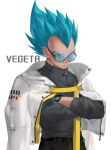  1boy absurdres black_pants black_shirt blue_eyes blue_hair character_name closed_mouth crossed_arms dragon_ball dragon_ball_super eyes_visible_through_eyewear highres jacket jacket_on_shoulders ksuke_(k-taro31) looking_at_viewer male_focus pants shirt short_hair simple_background solo spiked_hair sunglasses super_saiyan super_saiyan_blue twitter_username upper_body vegeta watch white_background white_jacket wristwatch 