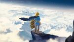  1boy above_clouds belt belt_pouch blonde_hair blue_cape blue_pants blue_shirt boots brown_footwear cape cliff cloud from_above knee_boots link mountain mountainous_horizon nin0019 outdoors pants pointy_ears pouch scenery shirt short_hair short_ponytail sky solo standing the_legend_of_zelda wide_shot 