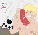  akamaru balls blonde_hair bodily_fluids canid canine canis cum cum_on_face domestic_dog duo eyes_closed feral fur genital_fluids genitals hair human insaneeighteen knot male male/male mammal muscular musk_clouds naruto naruto_uzumaki nipples pawpads paws smile tongue tongue_out white_body white_fur white_skin 