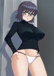  1girl :o ass_visible_through_thighs black_hair black_shirt breasts glasses hi_rontea hunter_x_hunter impossible_clothes impossible_shirt large_breasts long_sleeves looking_at_viewer nail_polish navel shirt shizuku_(hunter_x_hunter) short_hair tattoo 